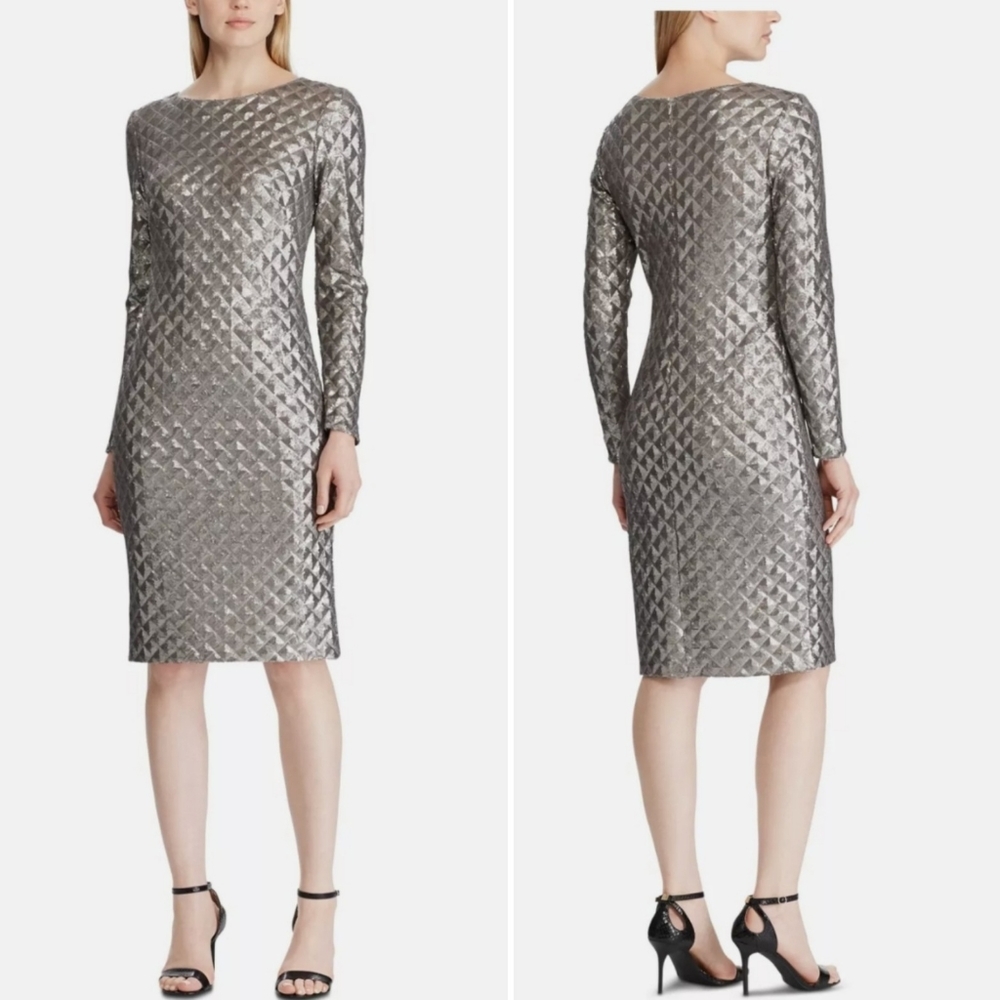 RALPH LAUREN Silver Sequined Long Sleeve Dress 12